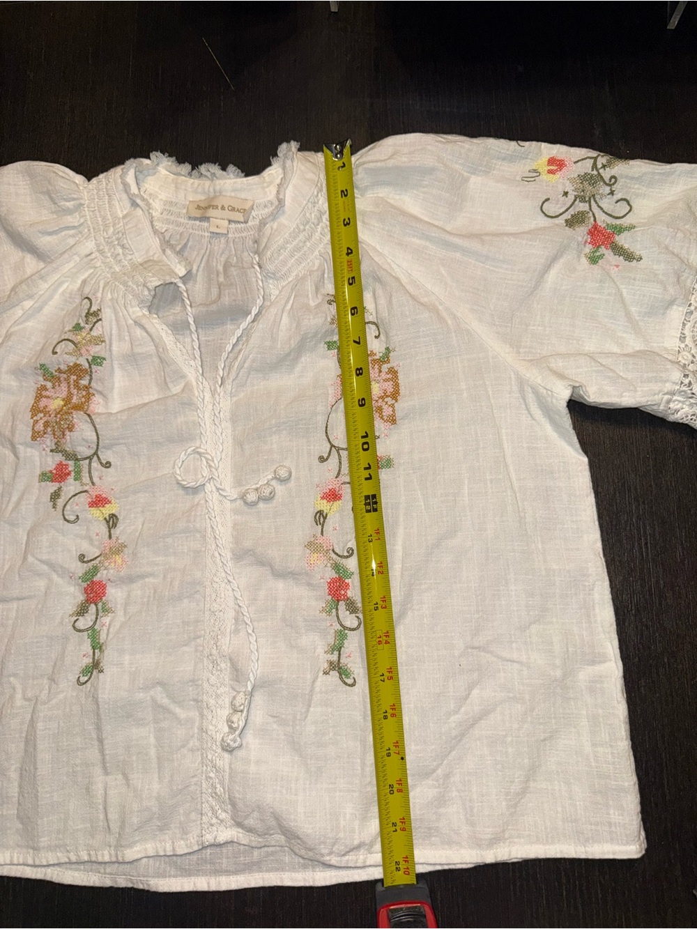 White Embroidered Boho Peasant Top Lace Trim Floral Cottagecore Blouse - Picture 4 of 7